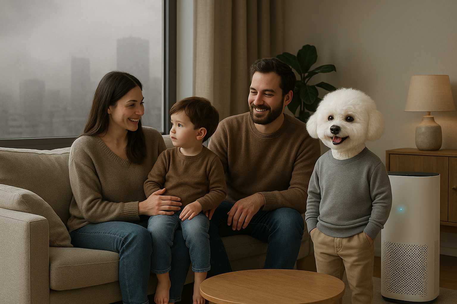 خانوادهای در خانهای با پنجرههای بسته، در حال تنفس هوای تصفیهشده و آرامشبخش کنار یک دستگاه تصفیه هوا