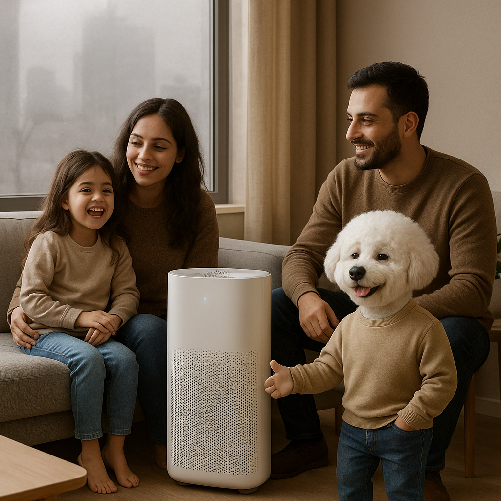 نمایی از اتاق نشیمن روشن با حیوان خانگی و دستگاه تصفیه هوا در گوشهٔ اتاق