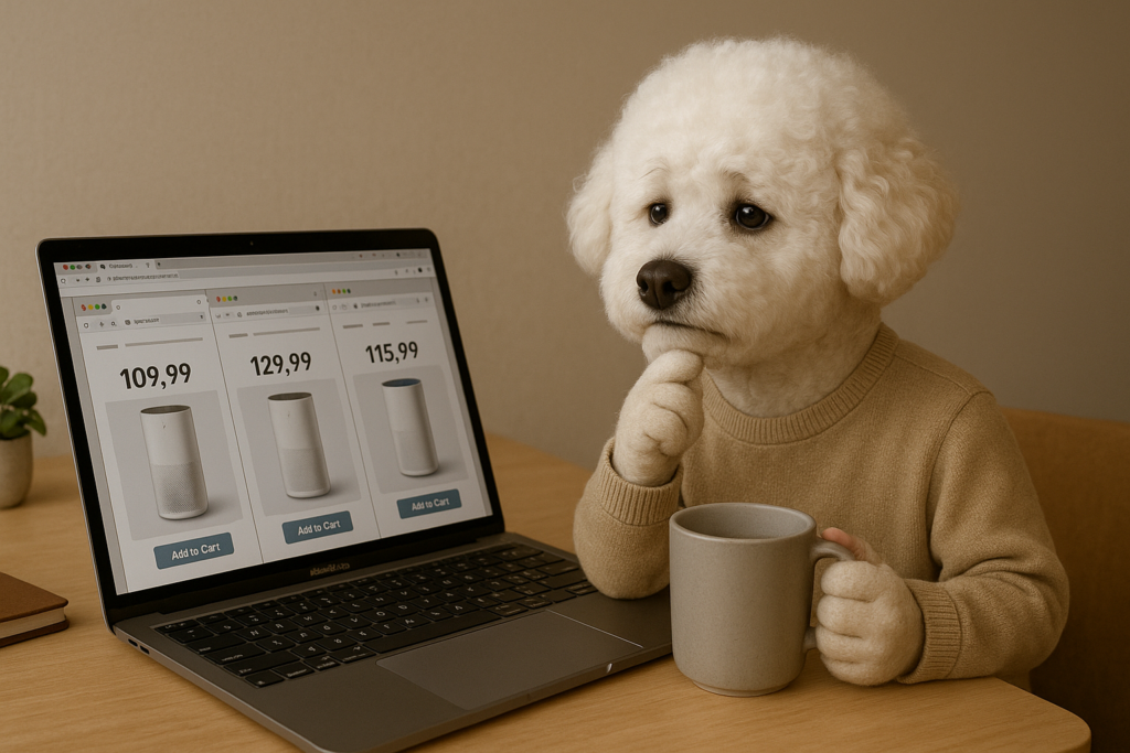 میز کاری با لپتاپ باز و چند تب مقایسهٔ قیمت دستگاه تصفیه هوا در سایتهای مختلف