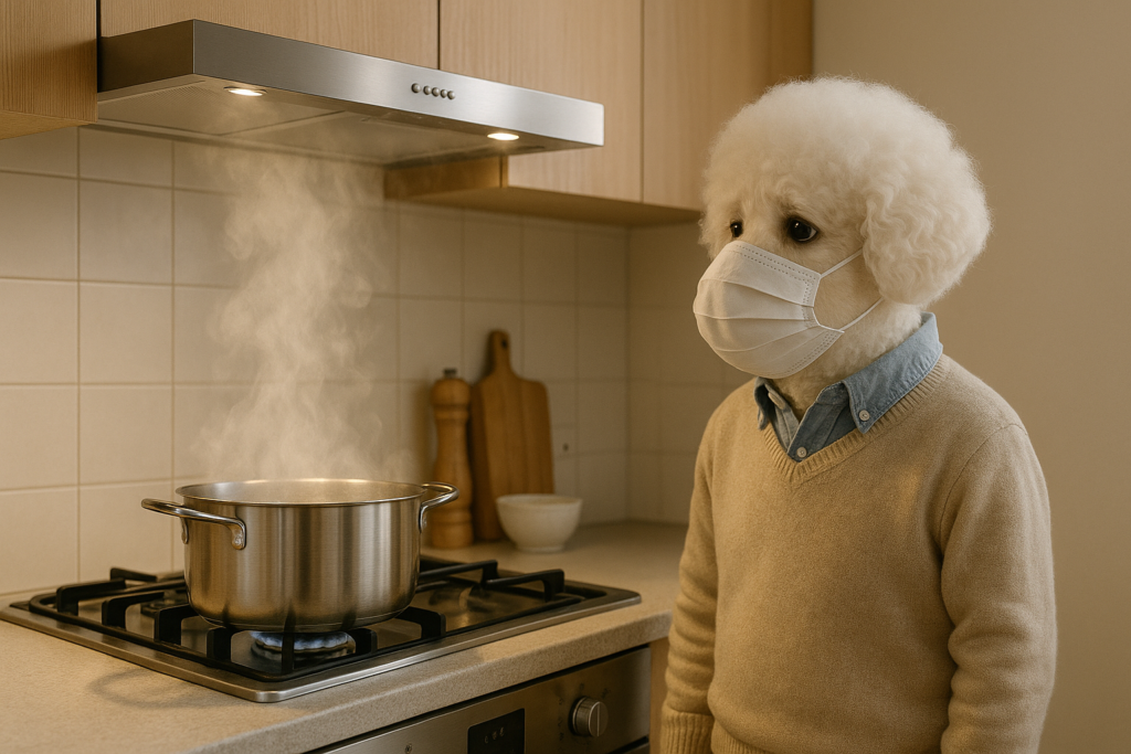 نمای آشپزخانه‌ی مدرن در حال آشپزی با بخار روی گاز، هود روشن است و پتی با ماسک ساده کنار اجاق ایستاده و به بخار و دود نگاه می‌کند.