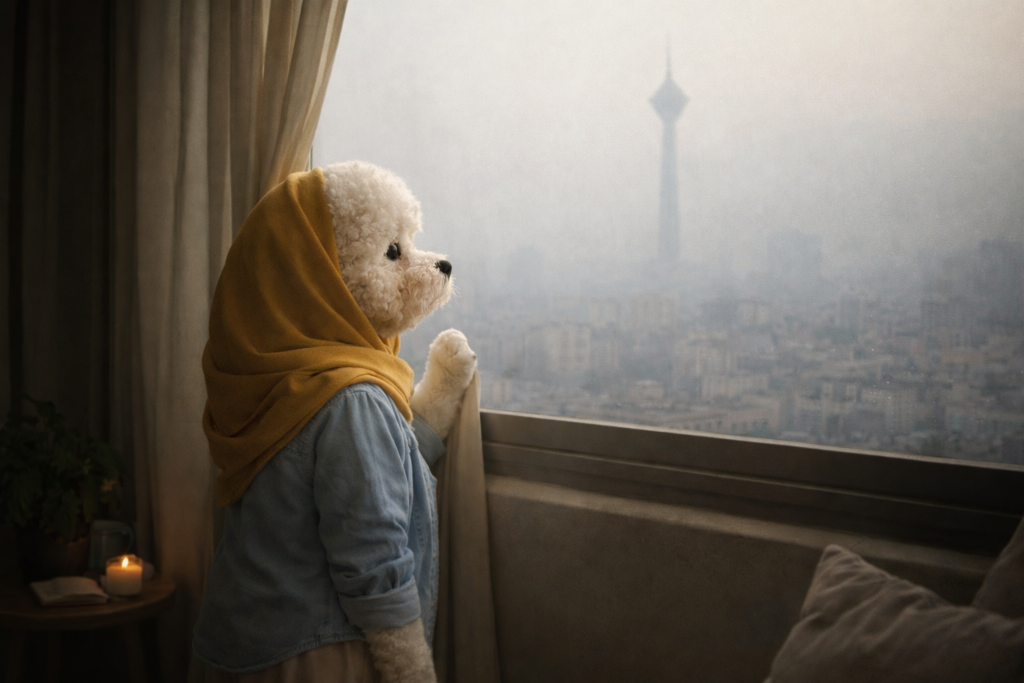 صبح خاکستری تهران از پشت پنجره خانه، پتی کنار پنجره ایستاده و با نگرانی به هوای آلوده نگاه می‌کند.