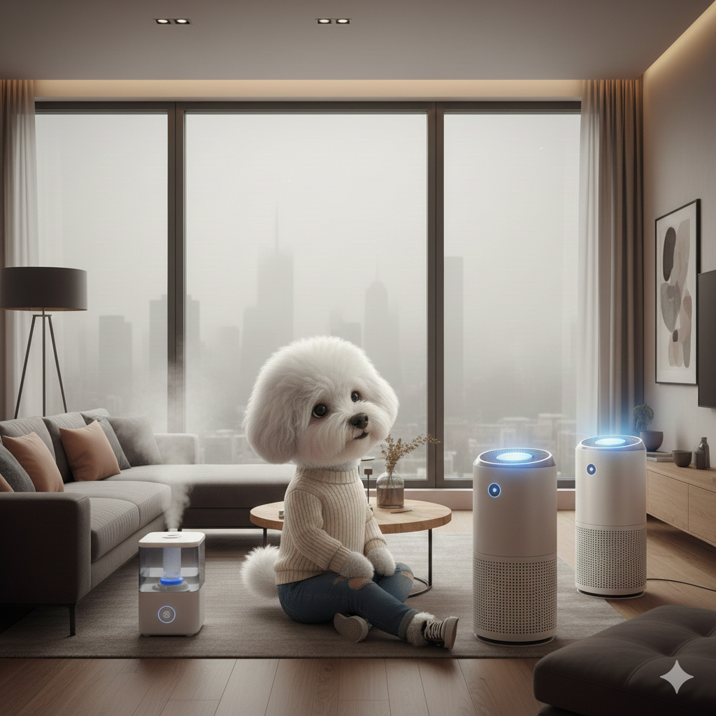 اتاق نشیمن با دو دستگاه روی زمین، یکی بخور خانگی و یکی دستگاه تصفیه هوا، پتی وسط اتاق نشسته و با تعجب بین این دو دستگاه نگاه می‌کند.