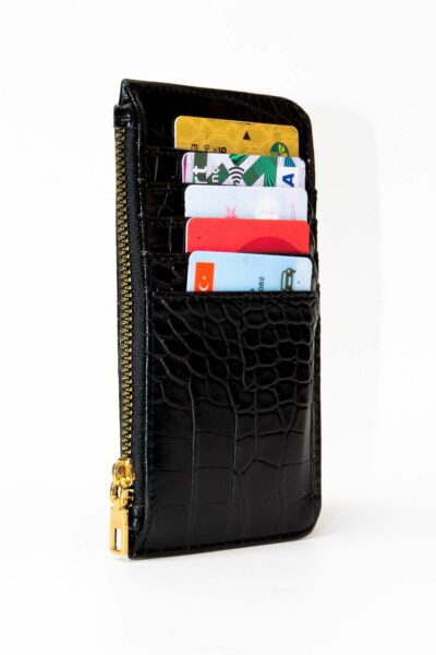 کیف پول کاغذی قسمته سکه به صورت طرح‎دار پوست تمساح مشکی جا کارتی زیپدار قلاب بافی زنانه برند dericom کد 1720143697