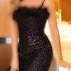 پارچه مخمل پولکی طرح‎دار لباس مجلسی مشکی مویی برند Lava Butik کد 1721404894