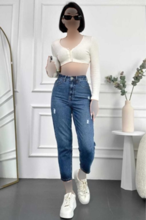 شلوار جین کشی بلند لایکرا آبی زنانه مدل پاره برند HLT JEANS کد 1721060492