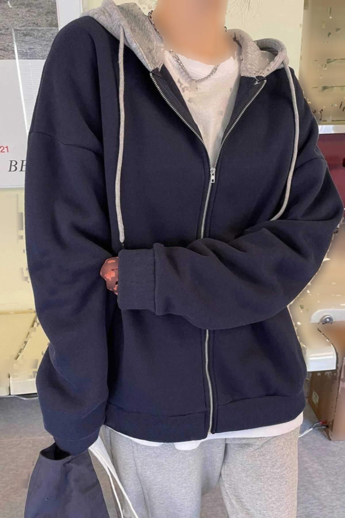 بافتنی گشاد کلاهدار طوسی سرمه ای زیپ برند MODAGEN کد 1720766064