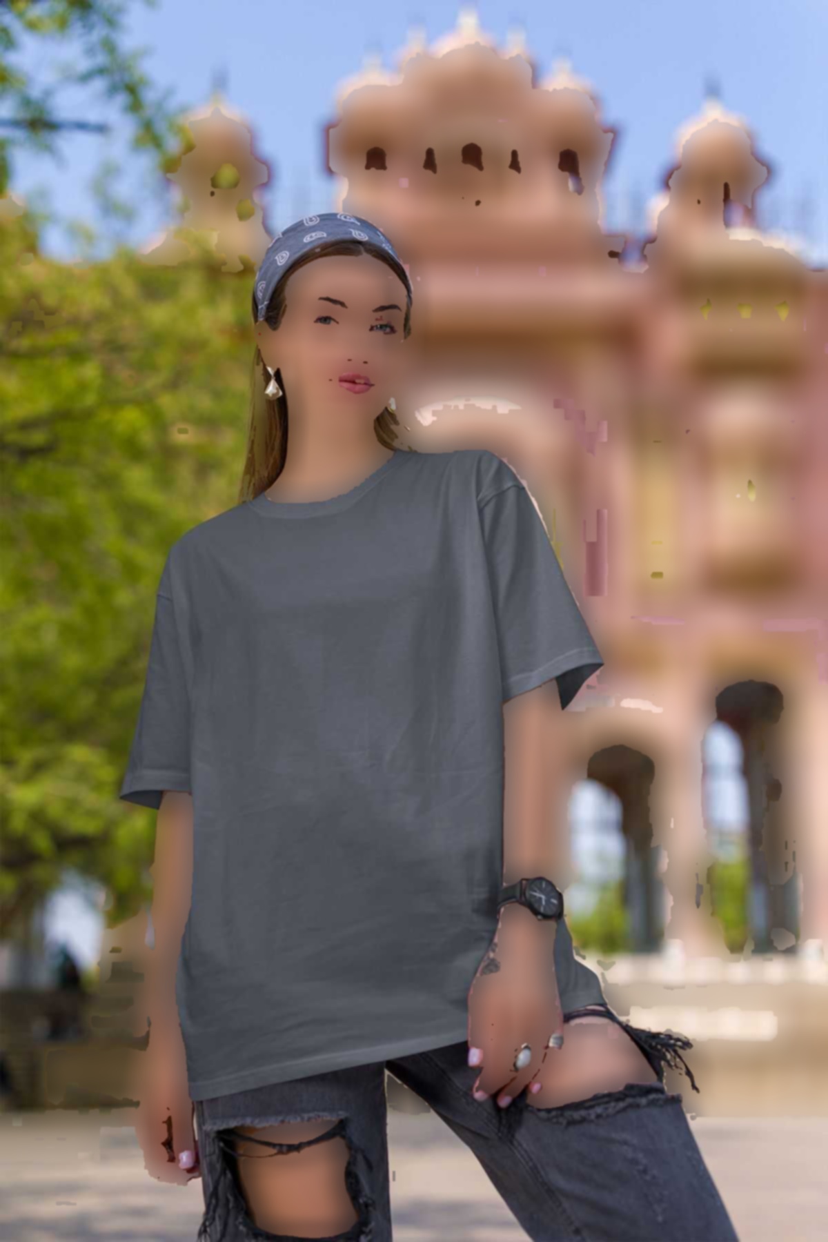 تیشرت گشاد پنبه ساده یقه گرد (راحت زنانه برند OXVİN کد 1721003777