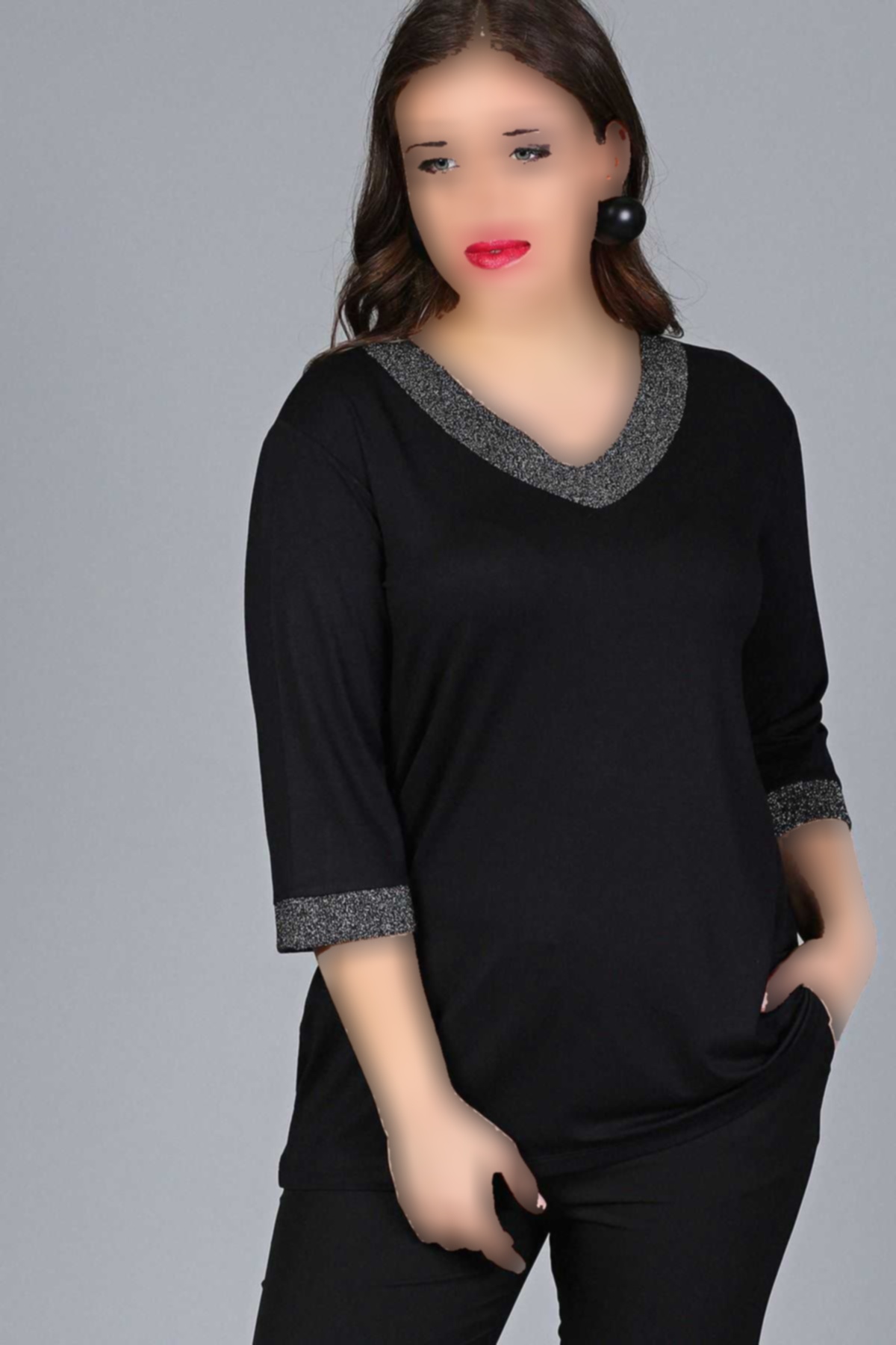 بلوز یقه نیم آستین اکریلیکی سایز بزرگ برند Curvy Trend کد 1720584686