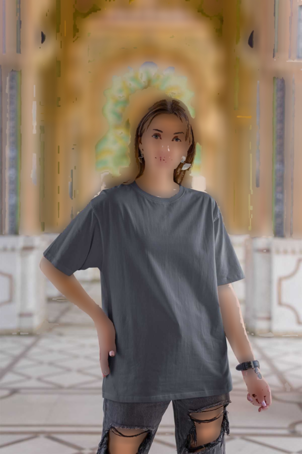 تیشرت گشاد پنبه ساده یقه گرد (راحت زنانه برند OXVİN کد 1721003777