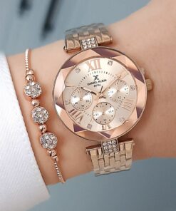 دستبند ساعت مچی شیشه ای برش جدید فولادی نگین دار مدل طلایی رز گلد با هدیه زنانه برند Daniel Klein کد 1723654209