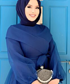 لباس مجلسی تور دار سرمه ای کمربند زنانه برند TRENDTESETTÜR کد 1726920141