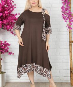 پیراهن برش نامتفارن لایکرا ابریشم مصنوعی طرح پلنگی سگک دار طرح‎دار دوشی برند Kheos کد 1726403620