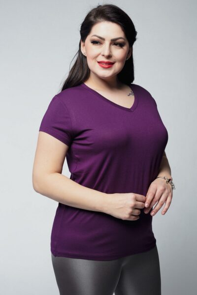 آستین کوتاه ساده یقه هفت سایز بزرگ بنفش تیشرت زنانه برند Ebsumu کد 1727266110