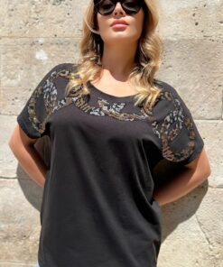 تیشرت کریستال قالب راحت پنبه سایز بزرگ نگین دار پلنگی گشاد زنانه مشکی برند RICH GLAM کد 1727268392