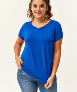 آستین کوتاه ساده یقه هفت سایز بزرگ آبی تیشرت زنانه برند Ebsumu کد 1727268383