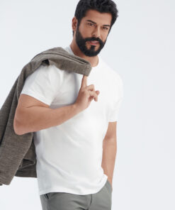 تیشرت برش اسلیم فیت یقه گرد سفید قالب تنگ 100پنبه مردانه برند AC&Co / Altınyıldız Classics کد 1726306683