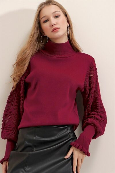 پلیور طرح توری نیمه یقه اسکی زرشکی زنانه برند citystyle کد 1727593544