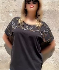 تیشرت کریستال قالب راحت پنبه سایز بزرگ نگین دار پلنگی گشاد زنانه مشکی برند RICH GLAM کد 1727268392