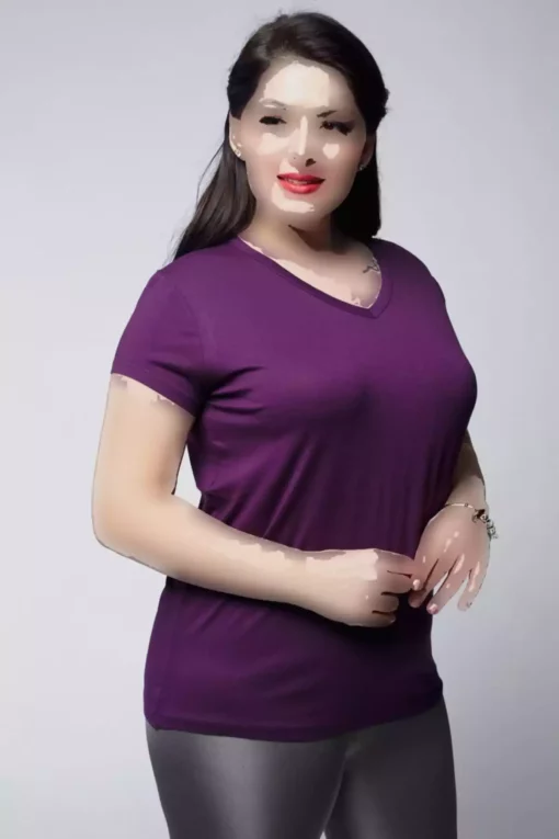 آستین کوتاه ساده یقه هفت سایز بزرگ بنفش تیشرت زنانه برند Ebsumu کد 1727266110