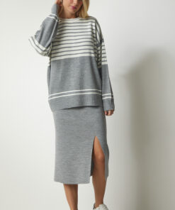 ست بافتنی دامن پلیور راهراه طوسی زنانه برند Happiness İstanbul کد 1729614265