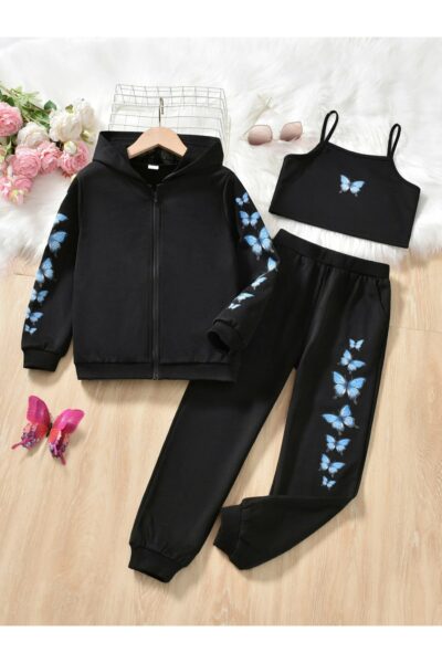 ست لباس راحتی چاپی پروانه زیپدار دخترانه مشکی برند Keywest کد 1728026000