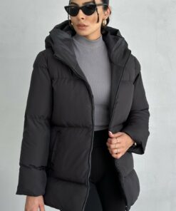 کاپشن کلاهدار پفدار مشکی زنانه برند moda armanc کد 1727850416