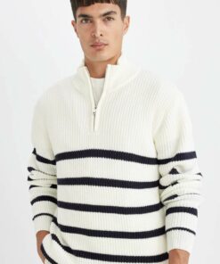 پلیور بافتنی راهراه نیمه یقه ایستاده زیپدار استاندارد برند Defacto کد 1729350634