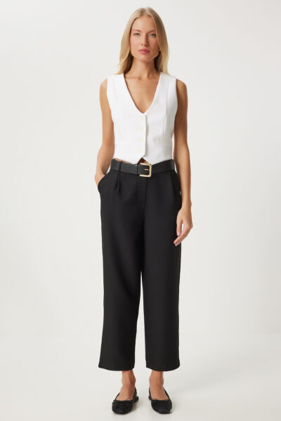 بافته شده پاچه لوله تفنگی شلوار مشکی زنانه برند Happiness İstanbul کد 1729876870