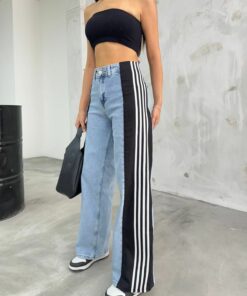 عریض جین دور کمر بلند نواری آبی روشن زنانه برند BİKELİFE کد 1727851196