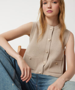 جلیقه بافتنی جیب دار دکمه‎دار بژ زنانه برند Happiness İstanbul کد 1729436585