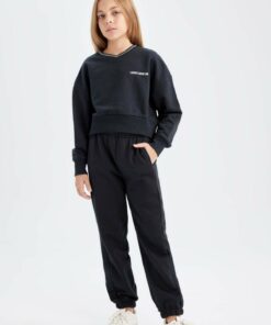 ست شلوار راحتی سوییشرت کمر کشی جاگر یقه گرد چاپی دخترانه برند Defacto کد 1728827991