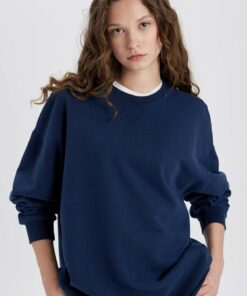 گشاد پارچه آستین بلند ساده کلفت یقه گرد تیشرت برند Defacto کد 1729441878