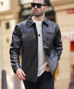 کت پیراهن دکمهدار یقه چرم مصنوعی طرحدار جیبدار مشکی برند Madmext کد 1730382972