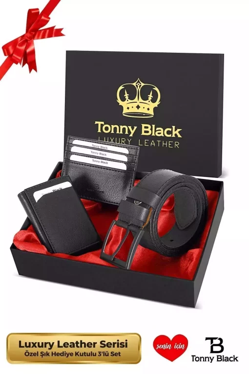 کیف پول ست کمربند دار جعبه‎دار کادو ویژه سری جا کارتی مردانه اصل برند Tonny Black کد 1729360557