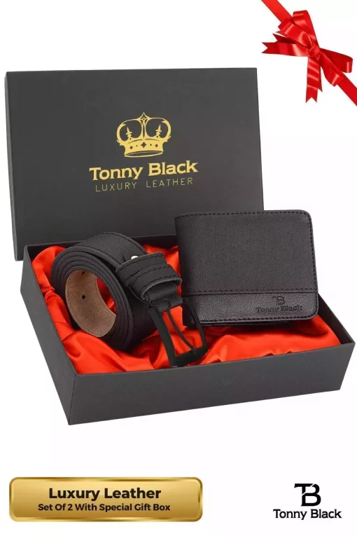 کیف پول کمربند چرم ست جعبه‎دار ویژه سری مردانه اصل برند Tonny Black کد 1729362346