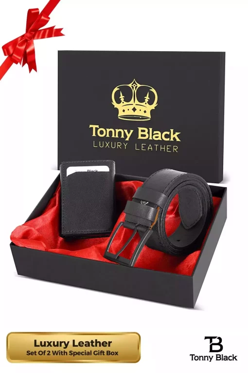 کیف پول ست کمربند دار اتوماتیک جعبه‎دار کادو ویژه سری مردانه اصل برند Tonny Black کد 1729362937