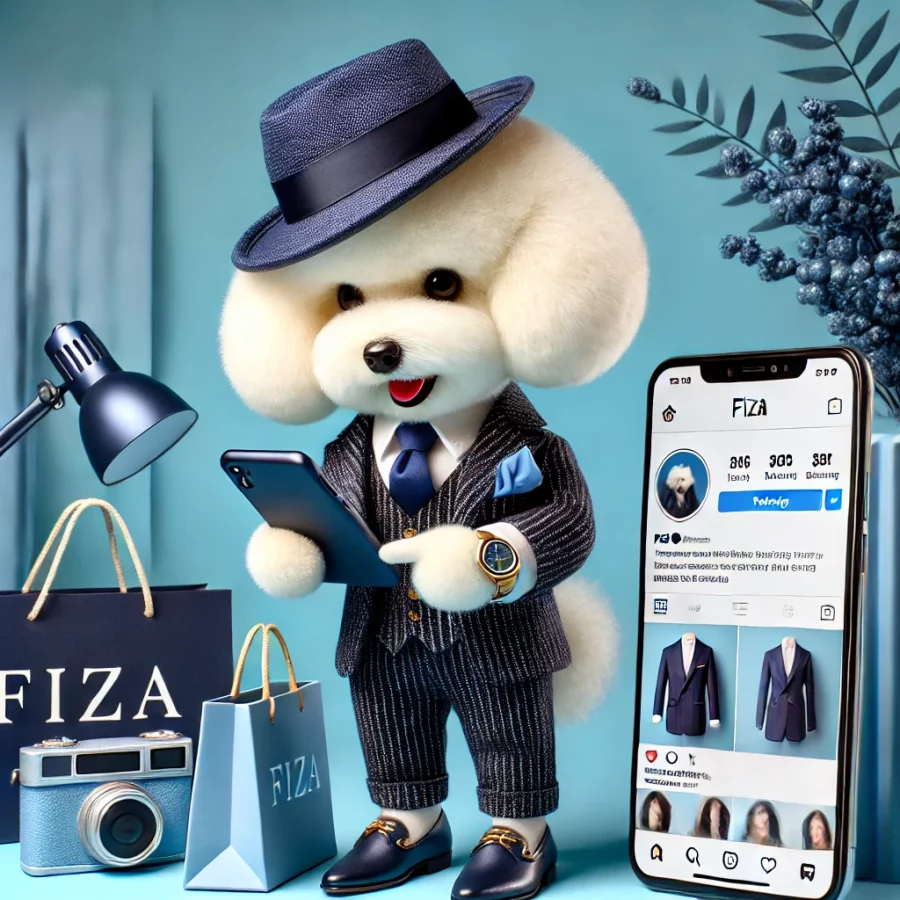 کاراکتر پتی، سگ بیچون فریزه مدرن و شیک، در حال خرید آنلاین از پیج مردانه اینستاگرامی فیزا، در محیطی با تم آبی.