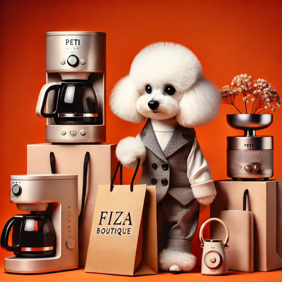 کاراکتر پتی، سگ بیچون فریزه شیک و مدرن، در حال خرید آنلاین از پیج اینستاگرامی فیزا بوتیک با تم نارنجی.