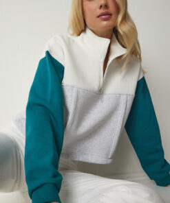 سوییشرت بافتنی یقه سبز زمردی طوسی زیپدار زنانه برند Happiness İstanbul کد 1730816999