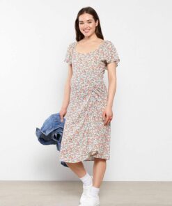 پیراهن ابریشم مصنوعی یقه آستین کوتاه طرحدار مربع LC Waikiki بارداری برند LC Waikiki کد 1730897590