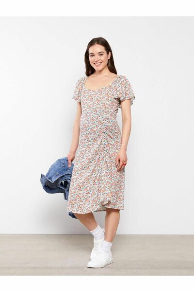 پیراهن ابریشم مصنوعی یقه آستین کوتاه طرح‎دار مربع LC Waikiki بارداری برند LC Waikiki کد 1730897590