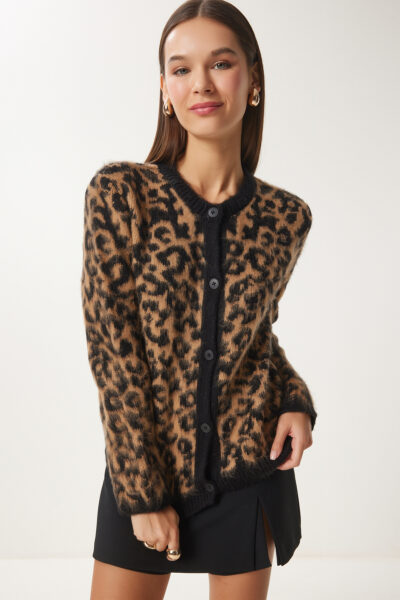 بافتنی کوتاه طرح پلنگی قهوه‎ای مشکی زنانه برند Happiness İstanbul کد 1731045414