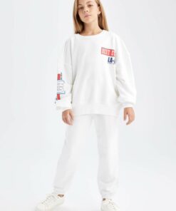 شلوار راحتی سوییشرت ست جاگر چاپی یقه گرد دخترانه برند Defacto کد 1732708641