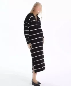 پیراهن بافتنی ساده آستین بلند یقه سه دکمه راه‎راه بارداری مشکی برند LC Waikiki کد 1730898559