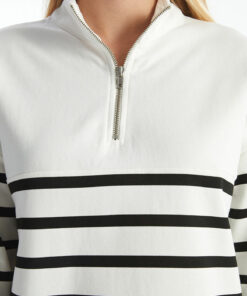 سوییشرت راحت راهراه یقه ایستاده زنانه مشکی برند LC Waikiki کد 1735067069