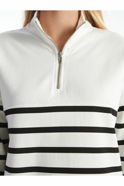 سوییشرت راحت راه‎راه یقه ایستاده زنانه مشکی برند LC Waikiki کد 1735067069