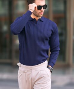 پلیور آستین بلند راهراه یقه سه دکمه سرمه ای برند Madmext کد 1735654776