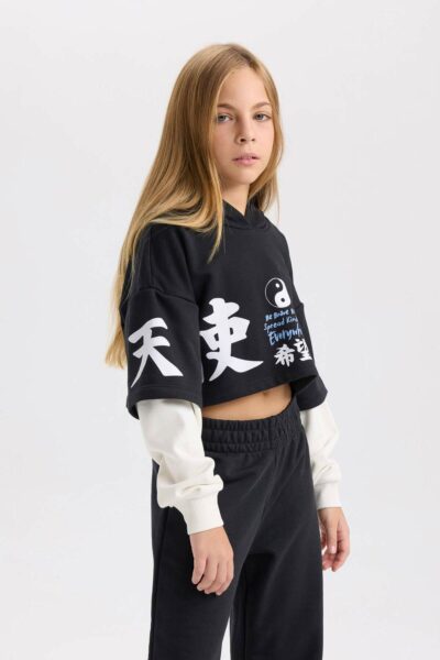 شلوار راحتی سوییشرت ست کمر کشی جاگر چاپی یقه گرد دخترانه برند Defacto کد 1734799648