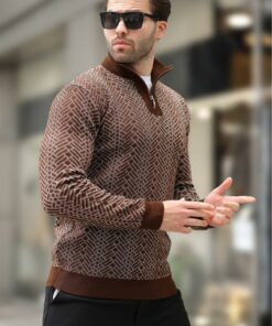 پلیور بافتنی زیپ دار یقه طرحدار آستین بلند قهوهای برند Madmext کد 1735366201