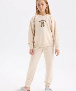 پایین لباس راحتی کمر کشی بالا آستین بلند یقه گرد چاپی دخترانه برند Defacto کد 1734881007